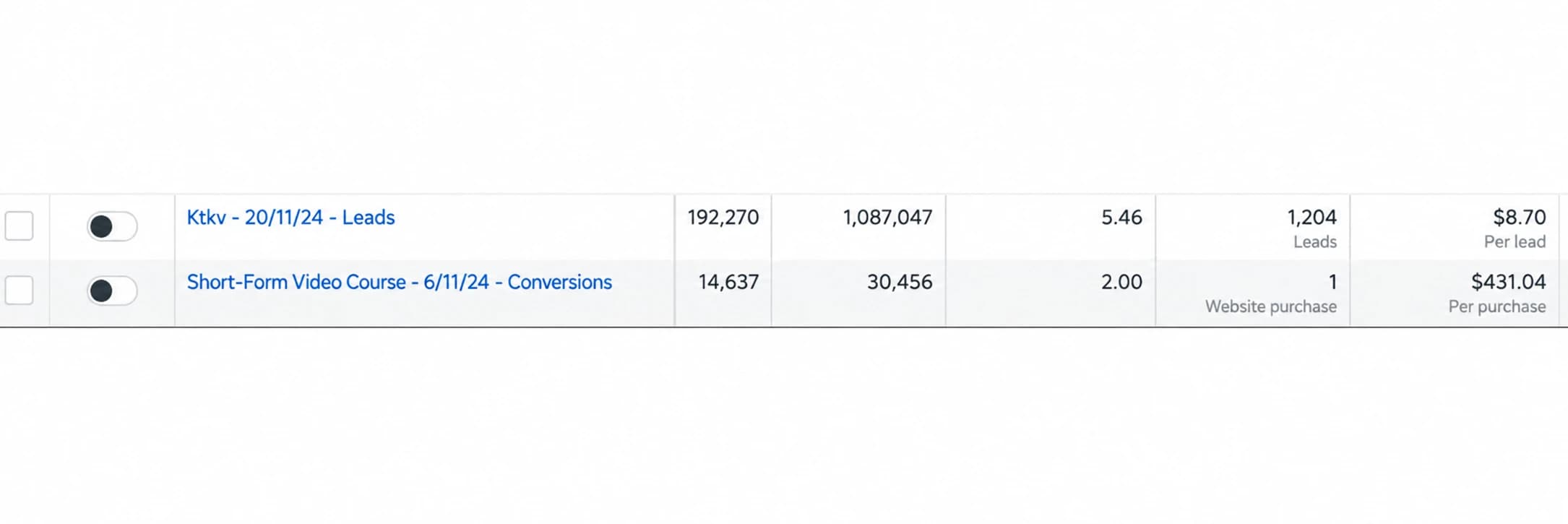 English USD adaptation of Ads Manager: 1,204 leads at $8.70 per lead and 1 website purchase at $431.04 per purchase