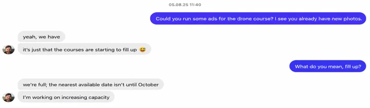 Message from the client: the courses are filling up, the next available date is not until October, and capacity needs to be increased