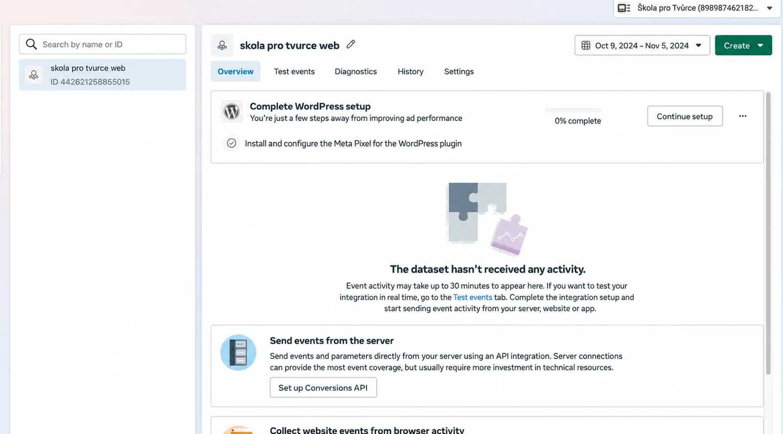 Meta Events Manager: the dataset received no activity and setup was 0% complete