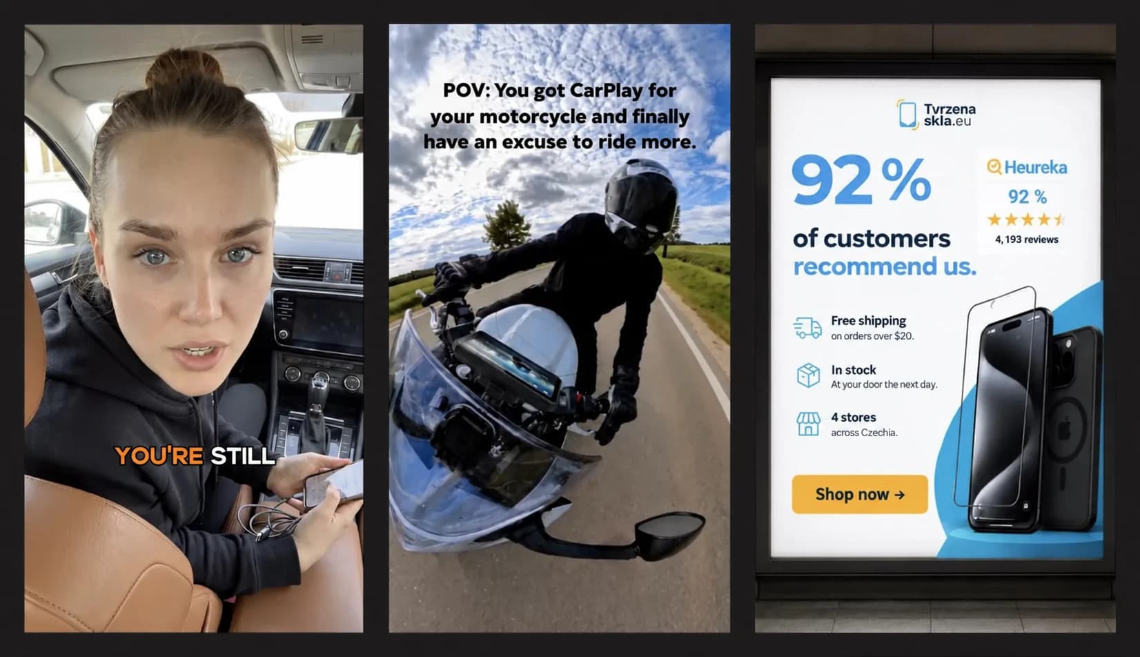 English adaptation of three Czech-market ads: a creator-style video, a motorcyclist video, and a customer-review banner with a $20 free-shipping threshold