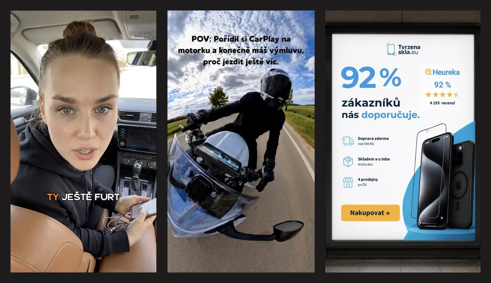 Three examples of AI creative: a UGC-style video, a POV video for motorcyclists, and a social proof banner