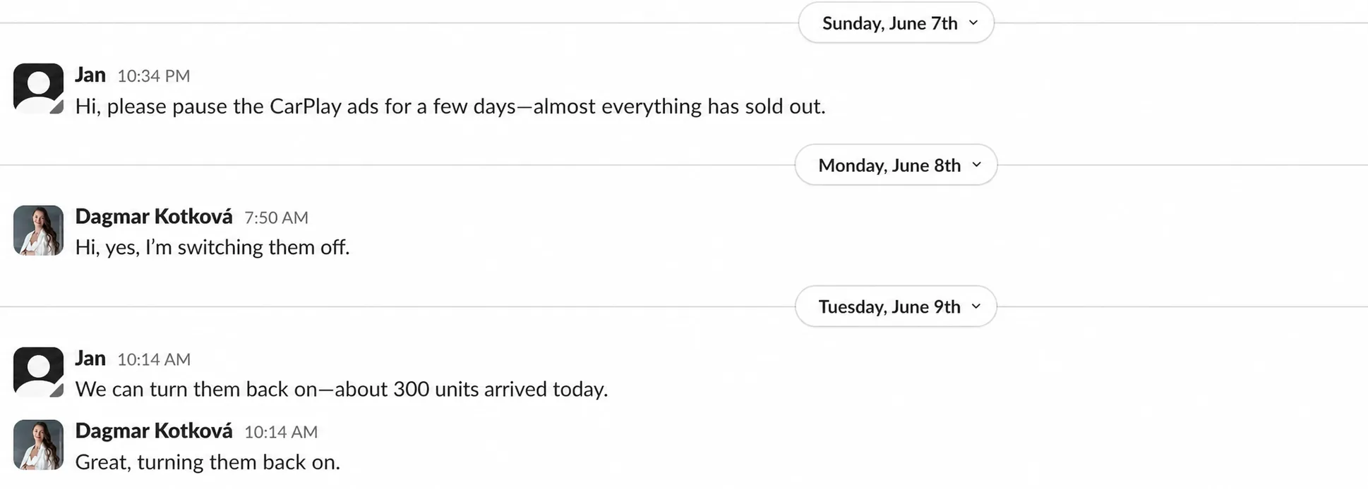 English translation of a Czech client Slack exchange: pause the CarPlay ads because almost everything sold out, then turn them back on after about 300 units arrived