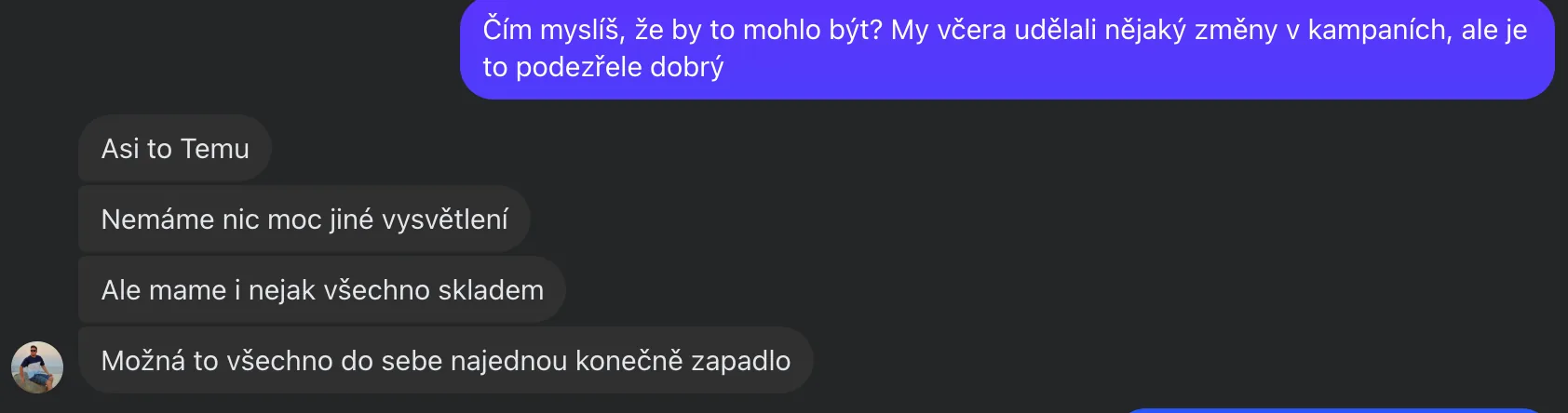 Chat with the client, in Czech: asked what could explain suspiciously good results, the client names a competitor and stock availability before concluding that maybe everything finally came together